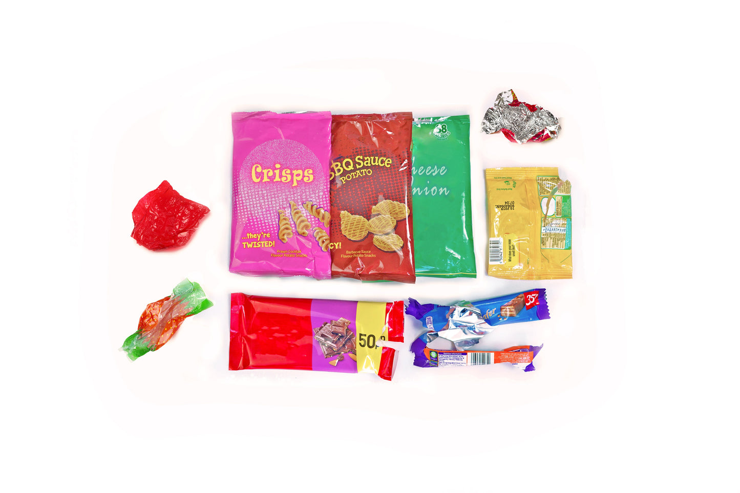 Recycle crisp packets, snack packaging and sweet wrappers